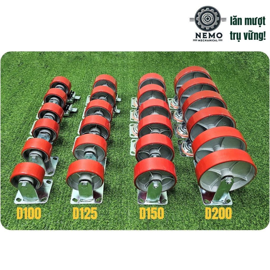 Bánh Xe PU Lõi Sắt Tải Nặng – Khung Càng Thép 5.5mm (D100, D125, D150, D200)